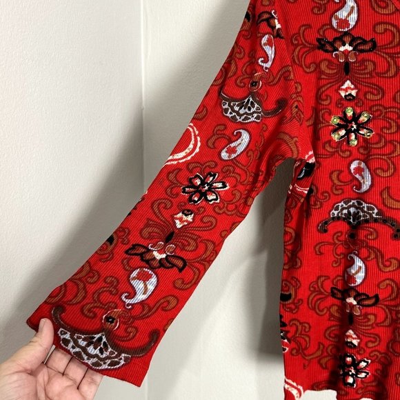 Pierre Cardin Womens Red Printed Y2K Paisley Print Sequin Blouse Size L Rib Knit - Picture 5 of 11